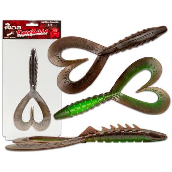 Wild Devil Baits TwinZilla 20cm Doppelschwanz Twister Gummifisch - Doppeltwister Shad Kunstköder Softlure Gummiköder-UV Green Pumpkin Chartreuse